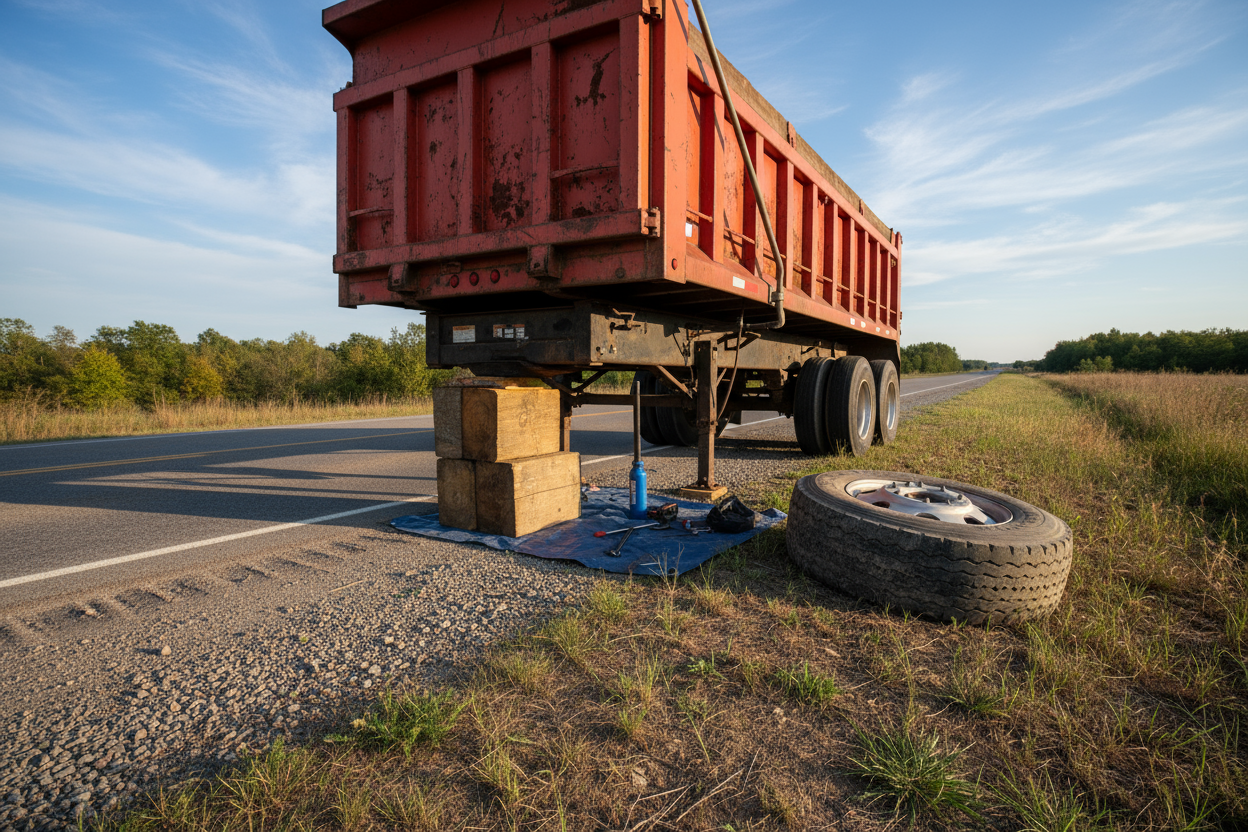 a dump trailer on the side of the road with a wheel off