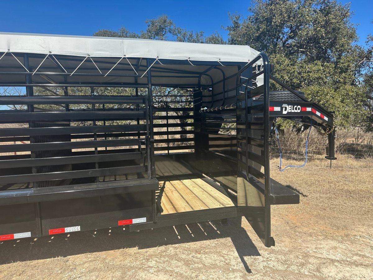Delco 6'8"x24'x6'6" Gooseneck Livestock Bartop with Tarp - BLACK - 4511 - J4 Trailer