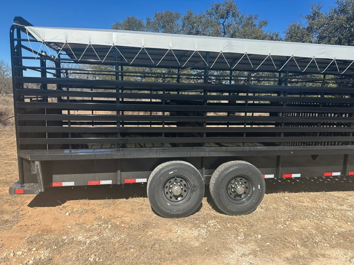 Delco 6'8"x24'x6'6" Gooseneck Livestock Bartop with Tarp - BLACK - 4511 - J4 Trailer