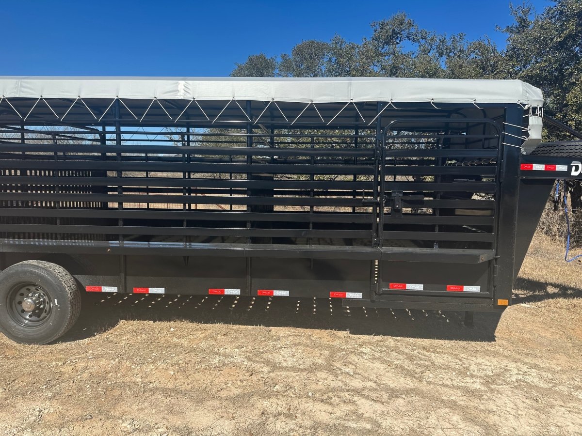 Delco 6'8"x24'x6'6" Gooseneck Livestock Bartop with Tarp - BLACK - 4511 - J4 Trailer