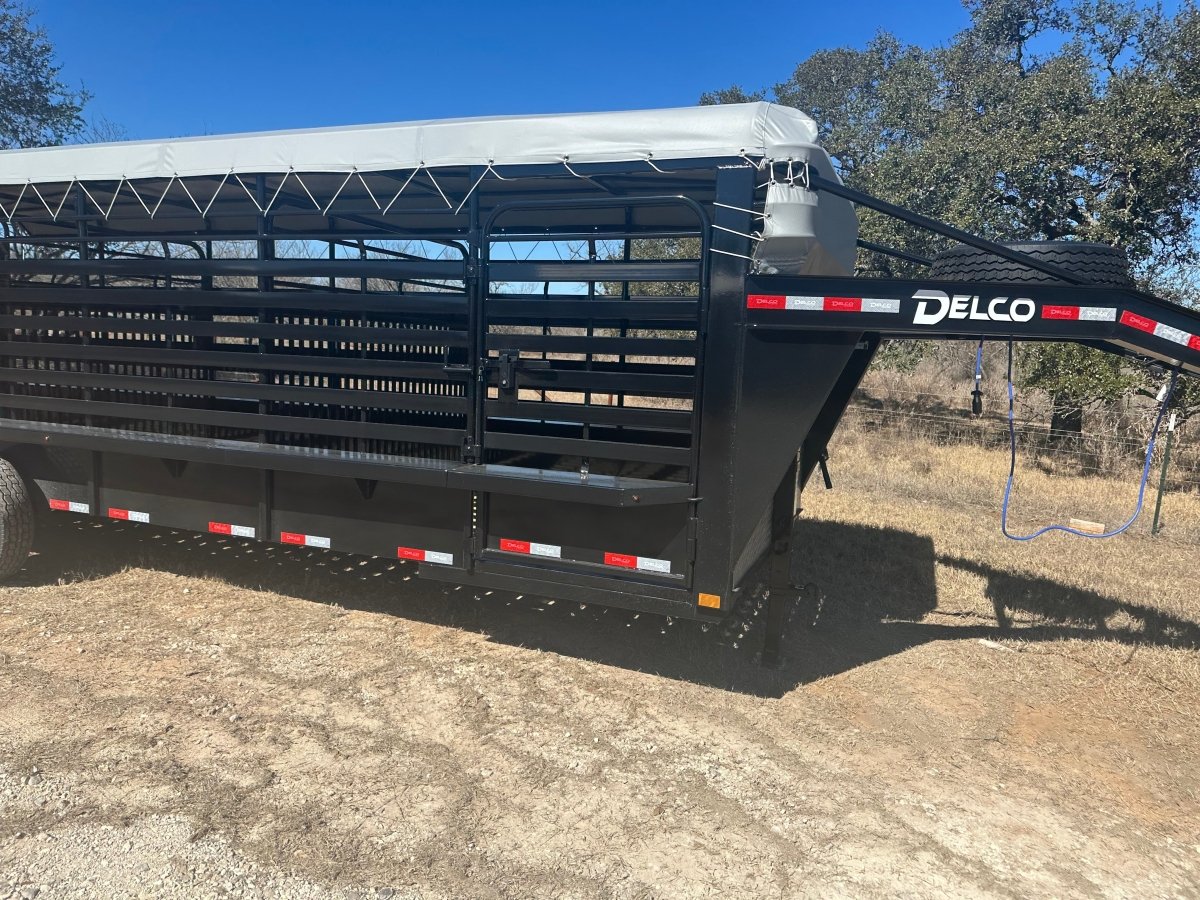 Delco 6'8"x24'x6'6" Gooseneck Livestock Bartop with Tarp - BLACK - 4511 - J4 Trailer