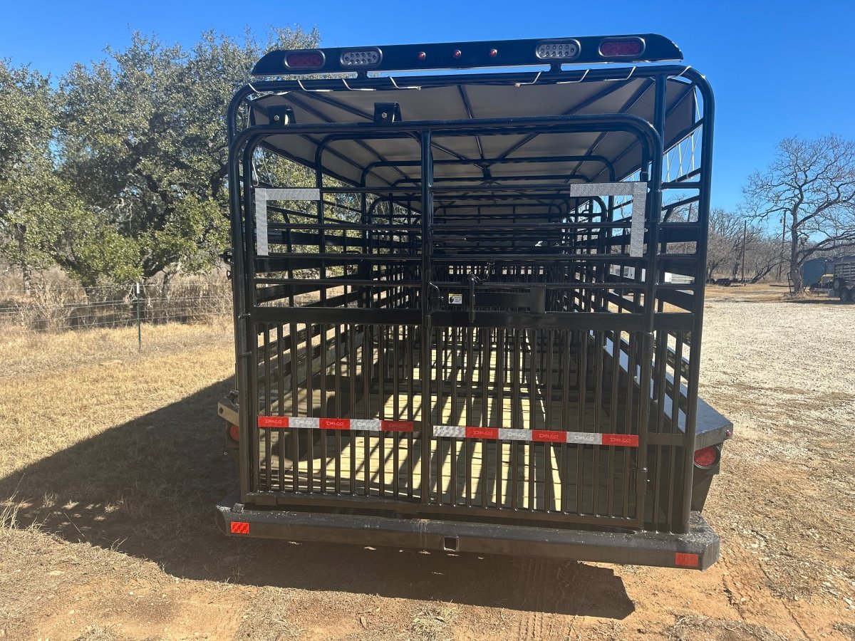 Delco 6'8"x24'x6'6" Gooseneck Livestock Bartop with Tarp - BLACK - 4511 - J4 Trailer