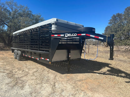 Delco 6'8"x24'x6'6" Gooseneck Livestock Bartop with Tarp - BLACK - 4511 - J4 Trailer