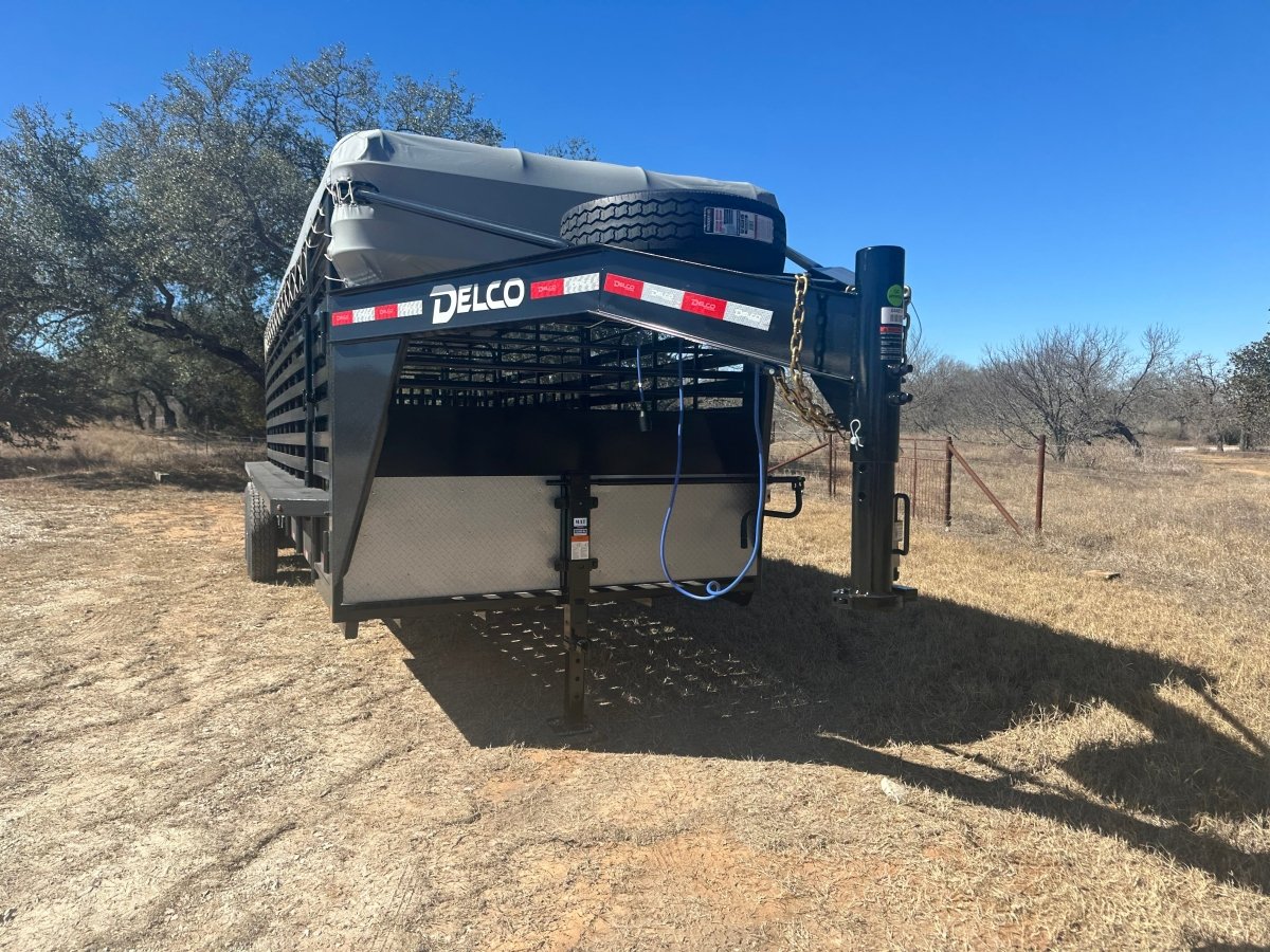 Delco 6'8"x24'x6'6" Gooseneck Livestock Bartop with Tarp - BLACK - 4511 - J4 Trailer
