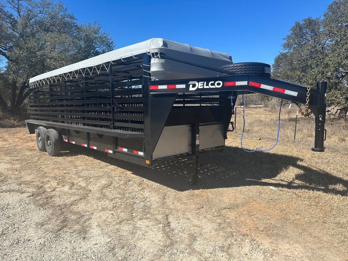Delco 6'8"x24'x6'6" Gooseneck Livestock Bartop with Tarp - BLACK - 4511 - J4 Trailer