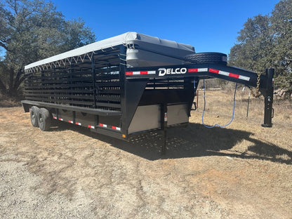 Delco 6'8"x24'x6'6" Gooseneck Livestock Bartop with Tarp - BLACK - 4511 - J4 Trailer