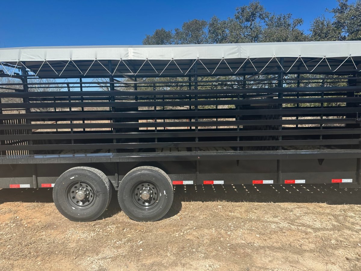Delco 6'8"x24'x6'6" Gooseneck Livestock Bartop with Tarp - BLACK - 4511 - J4 Trailer