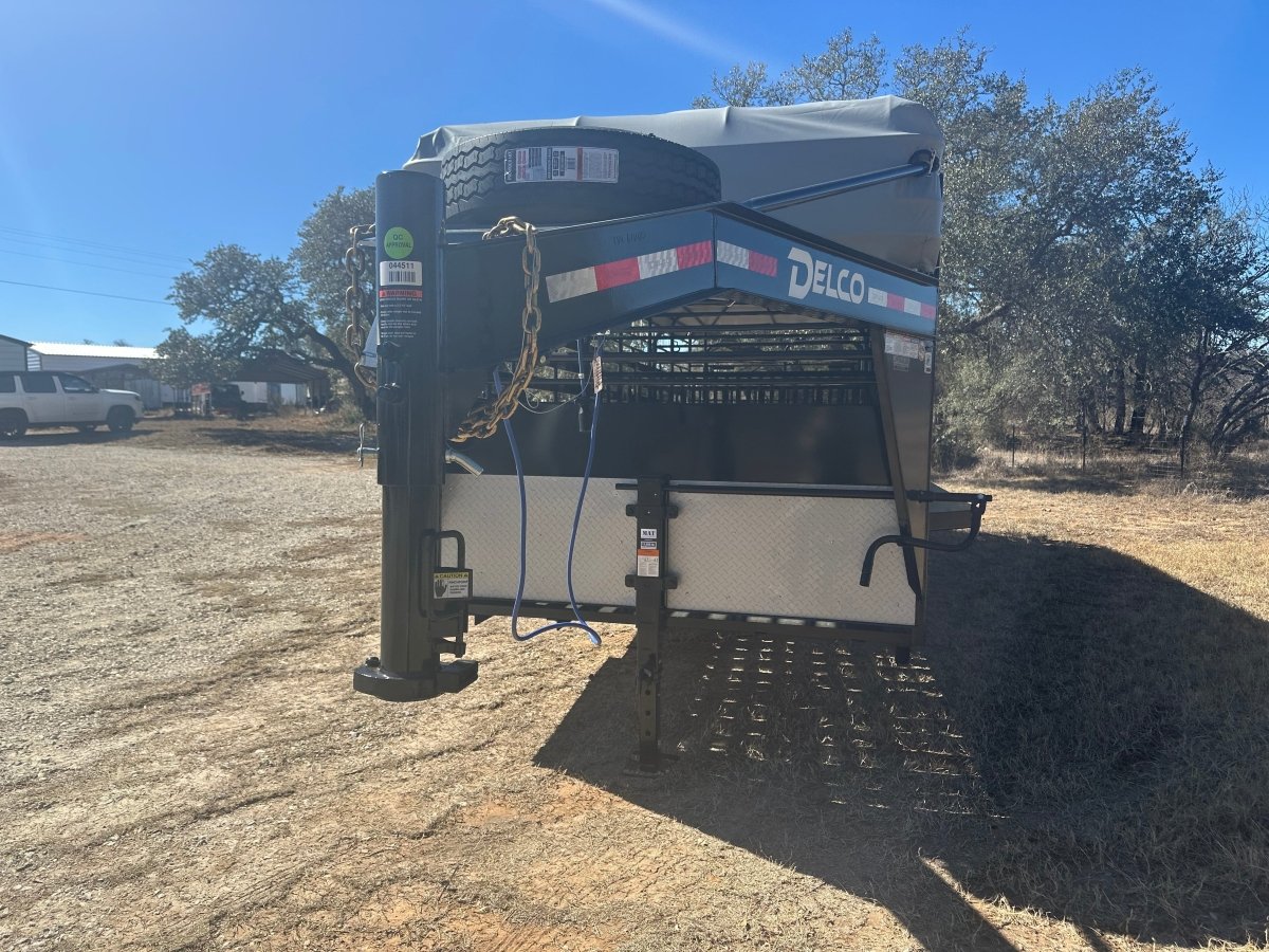 Delco 6'8"x24'x6'6" Gooseneck Livestock Bartop with Tarp - BLACK - 4511 - J4 Trailer