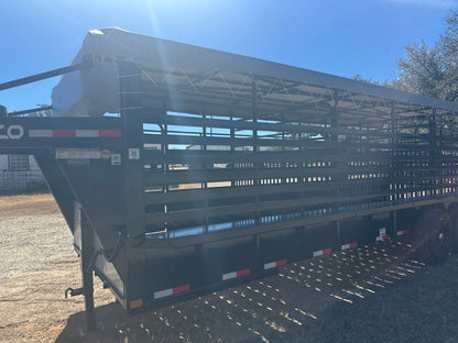 Delco 6'8"x24'x6'6" Gooseneck Livestock Bartop with Tarp - BLACK - 4511 - J4 Trailer