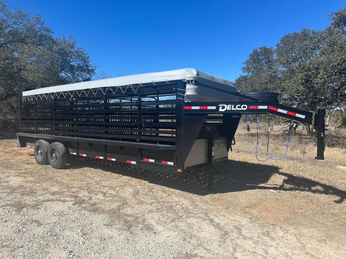 Delco 6'8"x24'x6'6" Gooseneck Livestock Bartop with Tarp - BLACK - 4511 - J4 Trailer