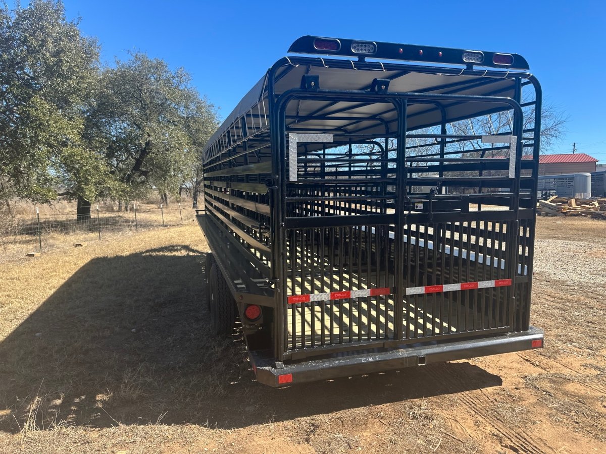 Delco 6'8"x24'x6'6" Gooseneck Livestock Bartop with Tarp - BLACK - 4511 - J4 Trailer