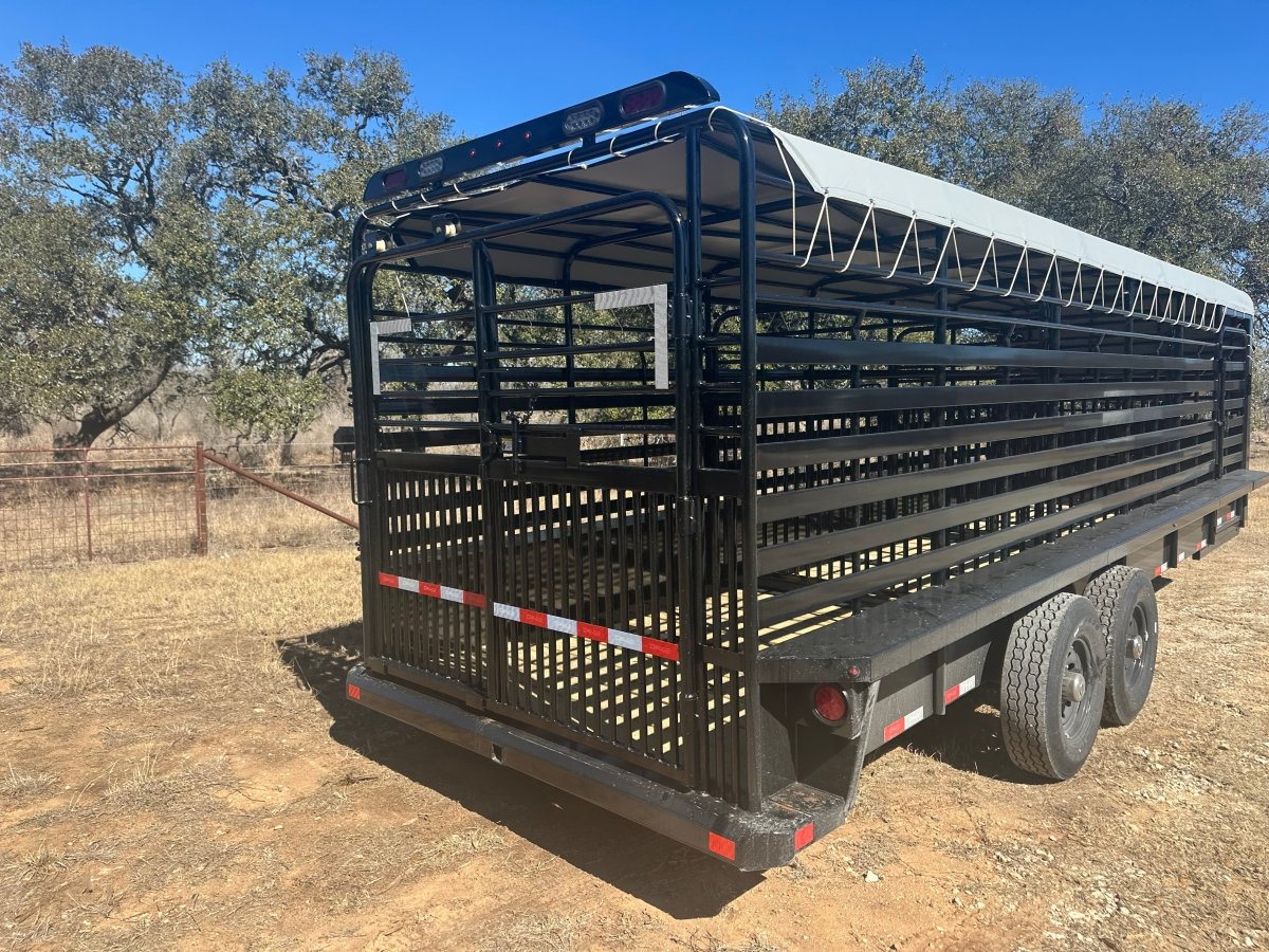 Delco 6'8"x24'x6'6" Gooseneck Livestock Bartop with Tarp - BLACK - 4511 - J4 Trailer