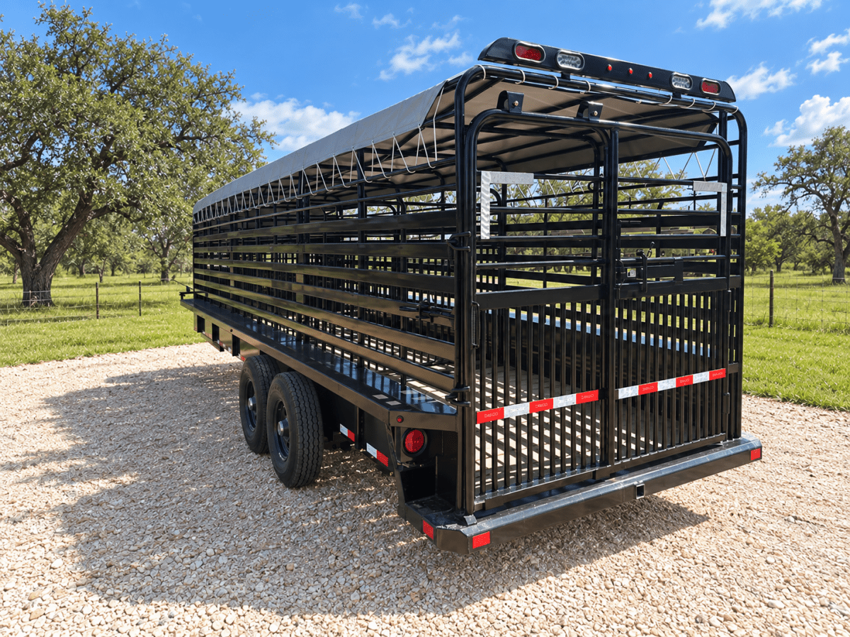 Delco 6'8"x24'x6'6" Gooseneck Livestock Bartop with Tarp- BLACK- 6414 - J4 Trailer