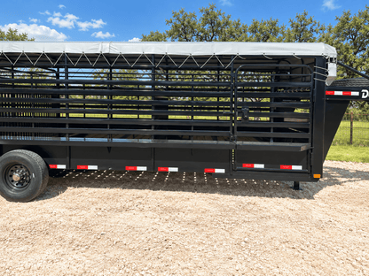 Delco 6'8"x24'x6'6" Gooseneck Livestock Bartop with Tarp- BLACK- 6414 - J4 Trailer