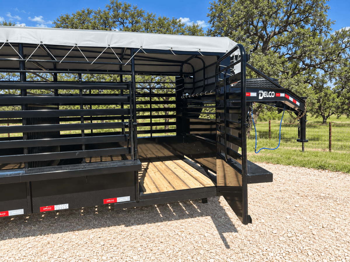 Delco 6'8"x24'x6'6" Gooseneck Livestock Bartop with Tarp- BLACK- 6414 - J4 Trailer