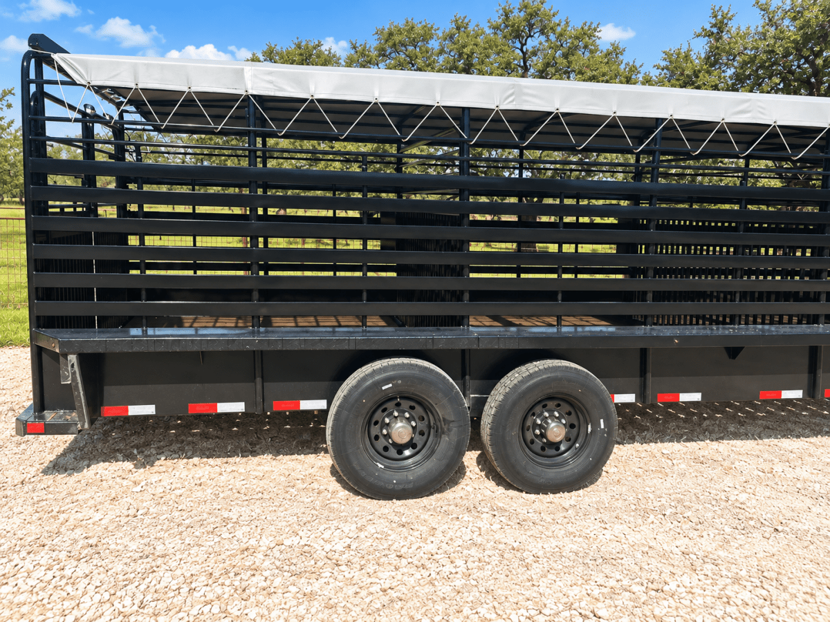 Delco 6'8"x24'x6'6" Gooseneck Livestock Bartop with Tarp- BLACK- 6414 - J4 Trailer