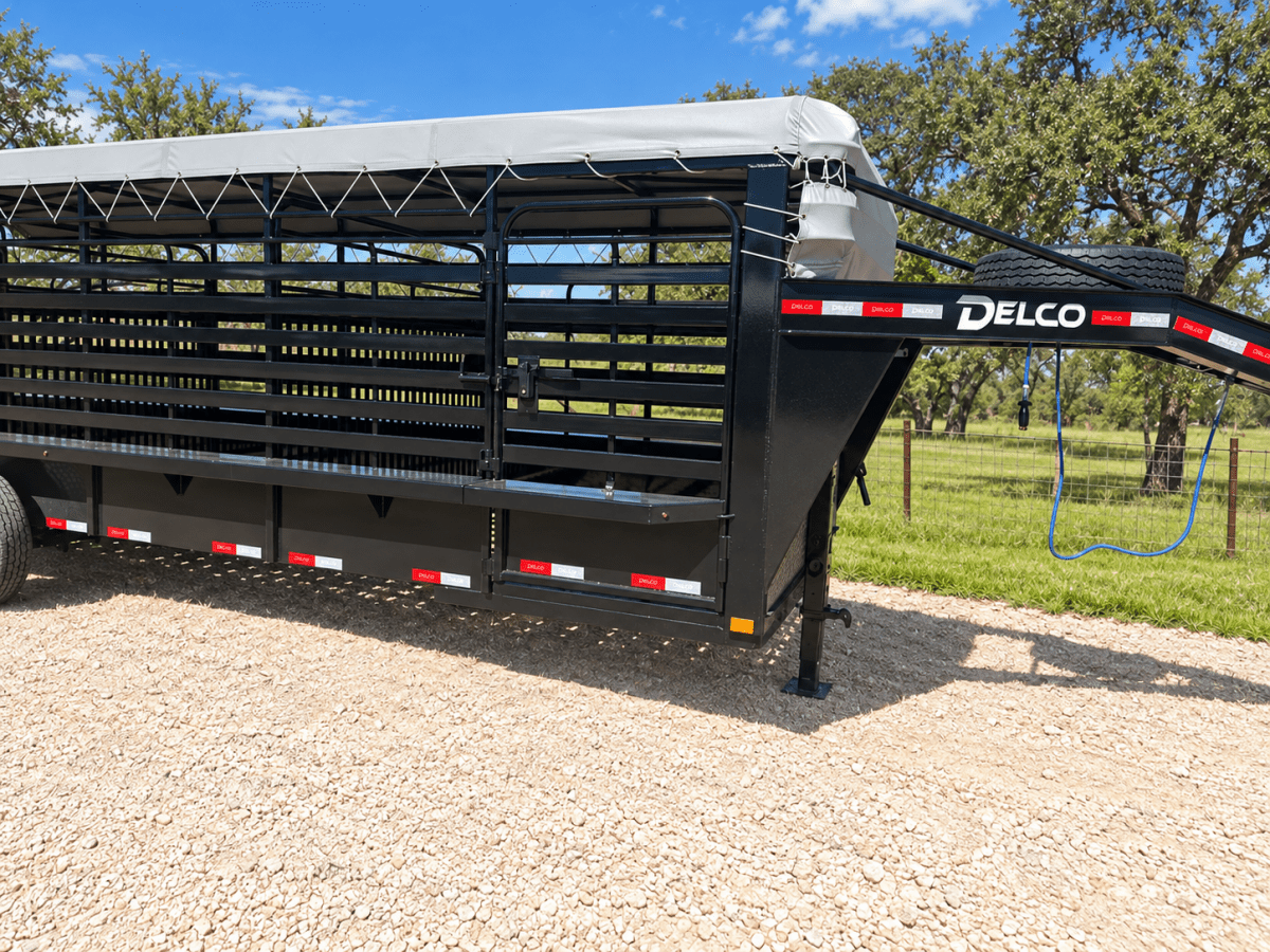 Delco 6'8"x24'x6'6" Gooseneck Livestock Bartop with Tarp- BLACK- 6414 - J4 Trailer