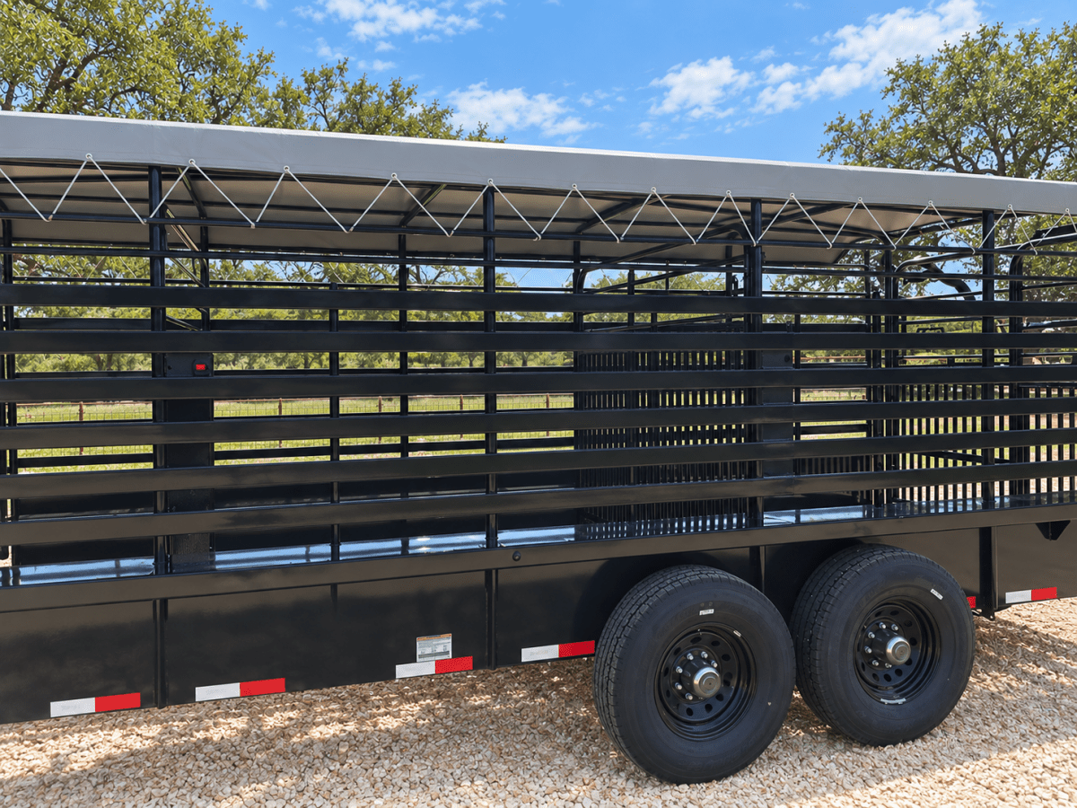 Delco 6'8"x24'x6'6" Gooseneck Livestock Bartop with Tarp- BLACK- 6414 - J4 Trailer