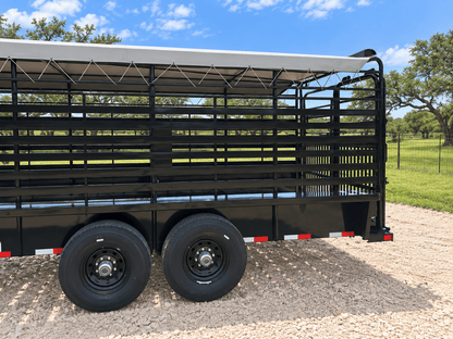 Delco 6'8"x24'x6'6" Gooseneck Livestock Bartop with Tarp- BLACK- 6414 - J4 Trailer