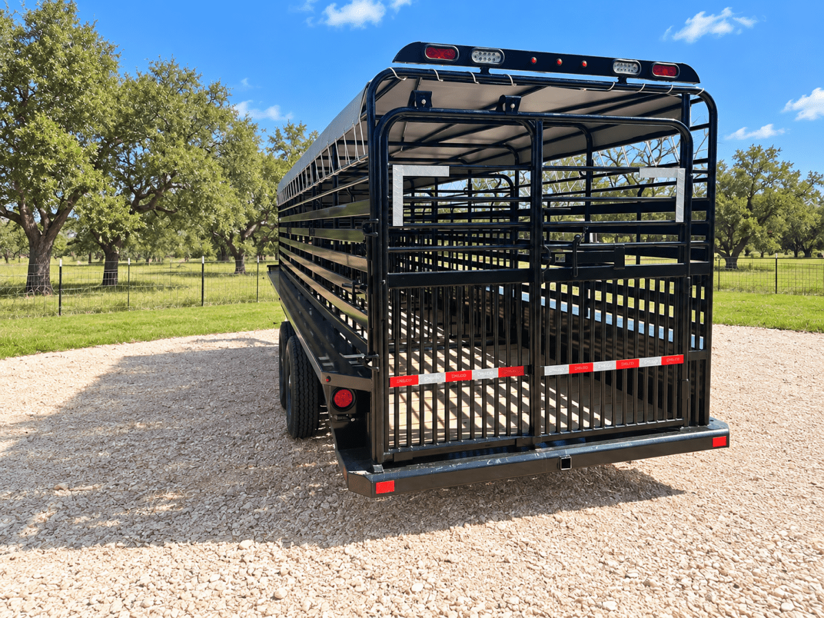 Delco 6'8"x24'x6'6" Gooseneck Livestock Bartop with Tarp- BLACK- 6414 - J4 Trailer