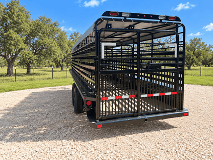 Delco 6'8"x24'x6'6" Gooseneck Livestock Bartop with Tarp- BLACK- 6414 - J4 Trailer
