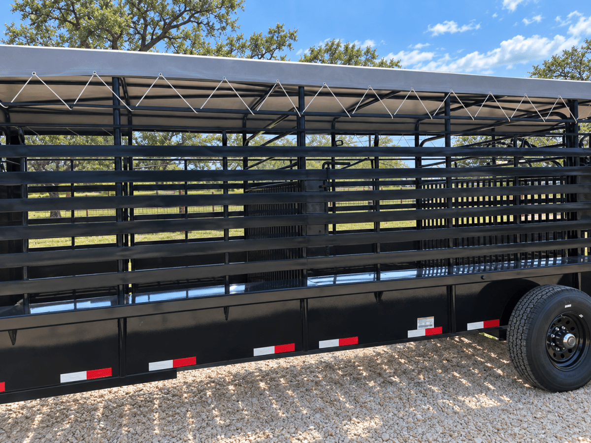 Delco 6'8"x24'x6'6" Gooseneck Livestock Bartop with Tarp- BLACK- 6414 - J4 Trailer