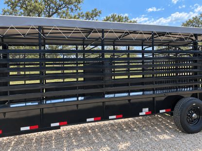 Delco 6'8"x24'x6'6" Gooseneck Livestock Bartop with Tarp- BLACK- 6414 - J4 Trailer