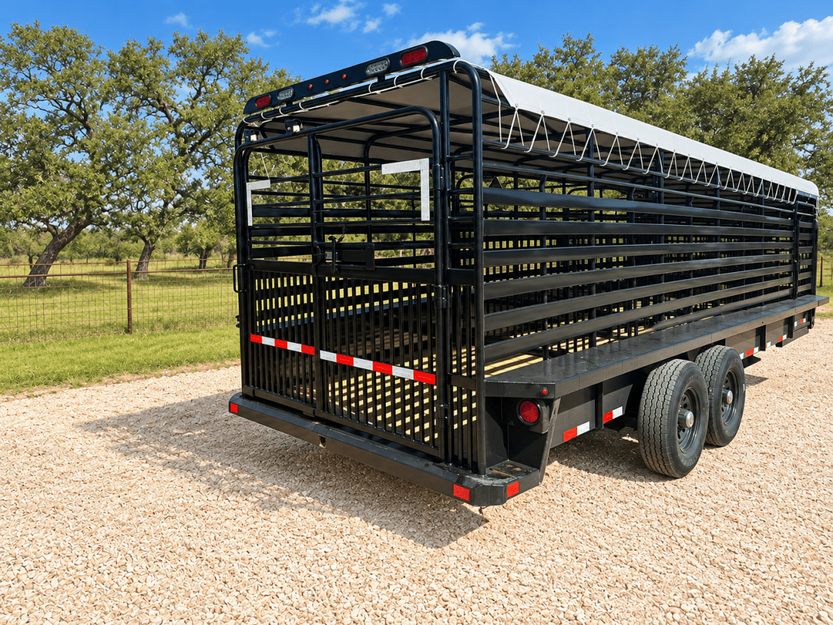 Delco 6'8"x24'x6'6" Gooseneck Livestock Bartop with Tarp- BLACK- 6414 - J4 Trailer