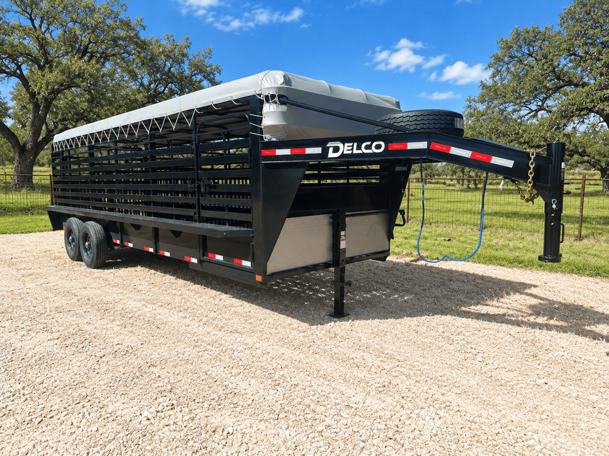Delco 6'8"x24'x6'6" Gooseneck Livestock Bartop with Tarp- BLACK- 6414 - J4 Trailer