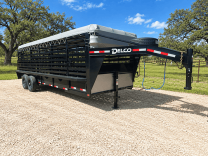Delco 6'8"x24'x6'6" Gooseneck Livestock Bartop with Tarp- BLACK- 6414 - J4 Trailer