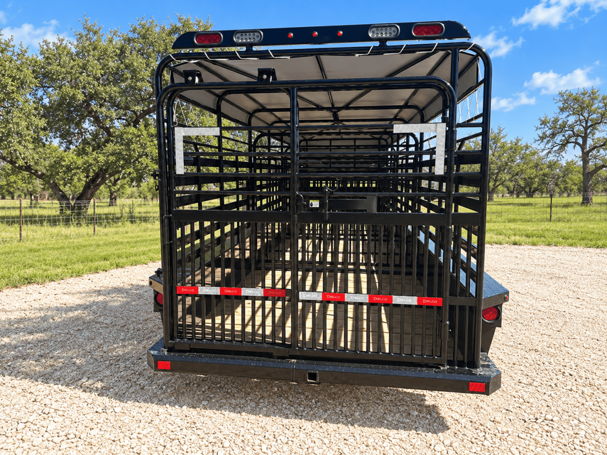 Delco 6'8"x24'x6'6" Gooseneck Livestock Bartop with Tarp- BLACK- 6414 - J4 Trailer