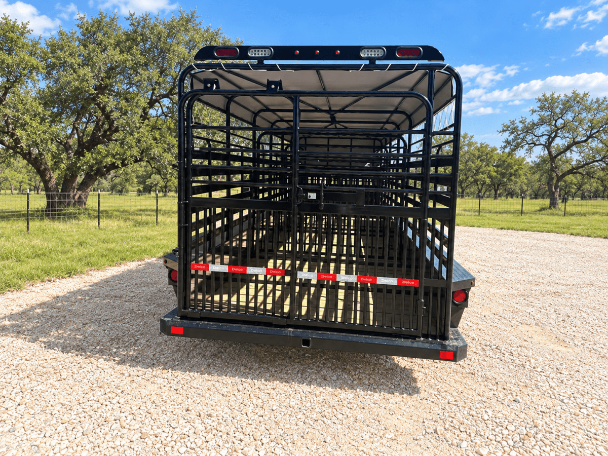 Delco 6'8"x24'x6'6" Gooseneck Livestock Bartop with Tarp- BLACK- 6414 - J4 Trailer