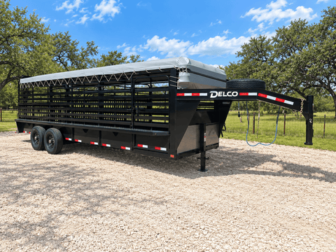 Delco 6'8"x24'x6'6" Gooseneck Livestock Bartop with Tarp- BLACK- 6414 - J4 Trailer