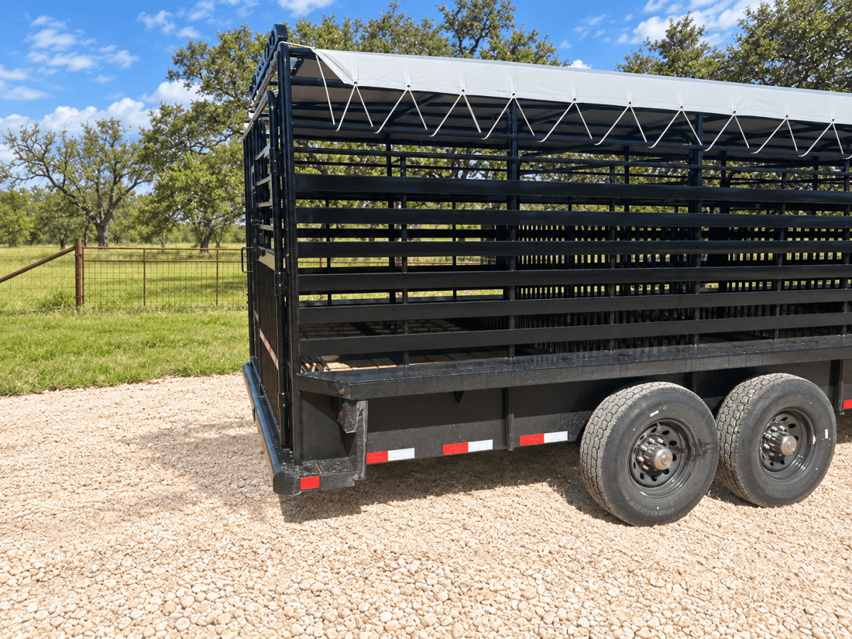 Delco 6'8"x24'x6'6" Gooseneck Livestock Bartop with Tarp- BLACK- 6414 - J4 Trailer