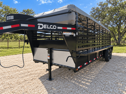 Delco 6'8"x24'x6'6" Gooseneck Livestock Bartop with Tarp- BLACK- 6414 - J4 Trailer