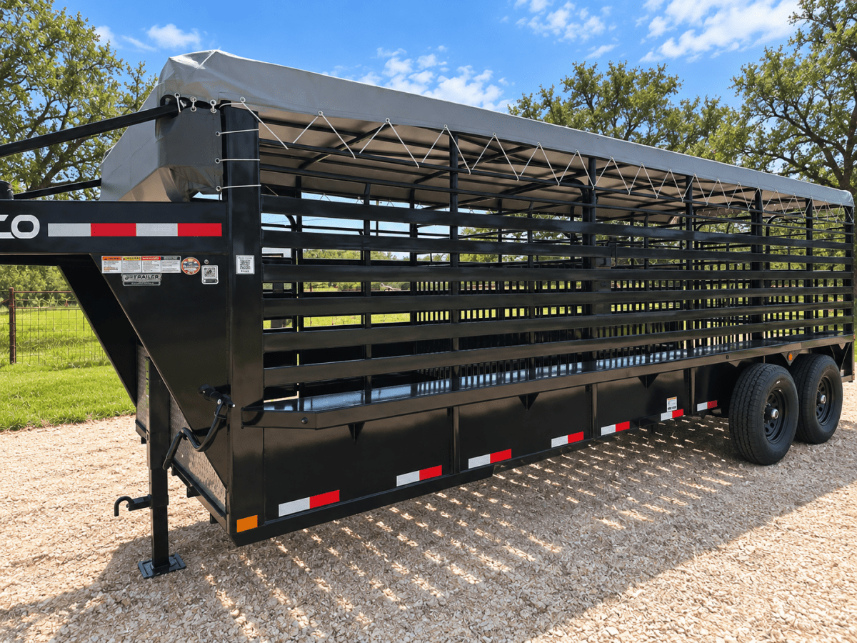 Delco 6'8"x24'x6'6" Gooseneck Livestock Bartop with Tarp- BLACK- 6414 - J4 Trailer