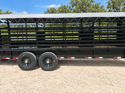 Delco 6'8"x24'x6'6" Gooseneck Livestock Bartop with Tarp- BLACK- 6414 - J4 Trailer