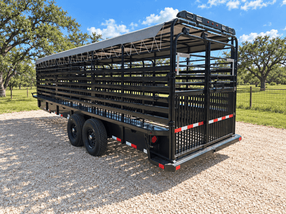 Delco 6'8"x24'x6'6" Gooseneck Livestock Bartop with Tarp- BLACK- 6414 - J4 Trailer