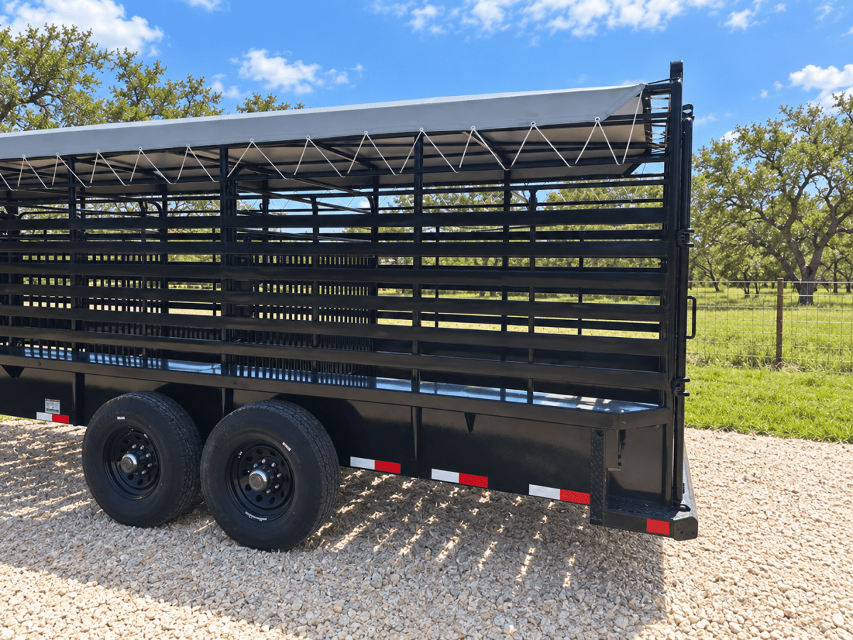 Delco 6'8"x24'x6'6" Gooseneck Livestock Bartop with Tarp- BLACK- 6414 - J4 Trailer