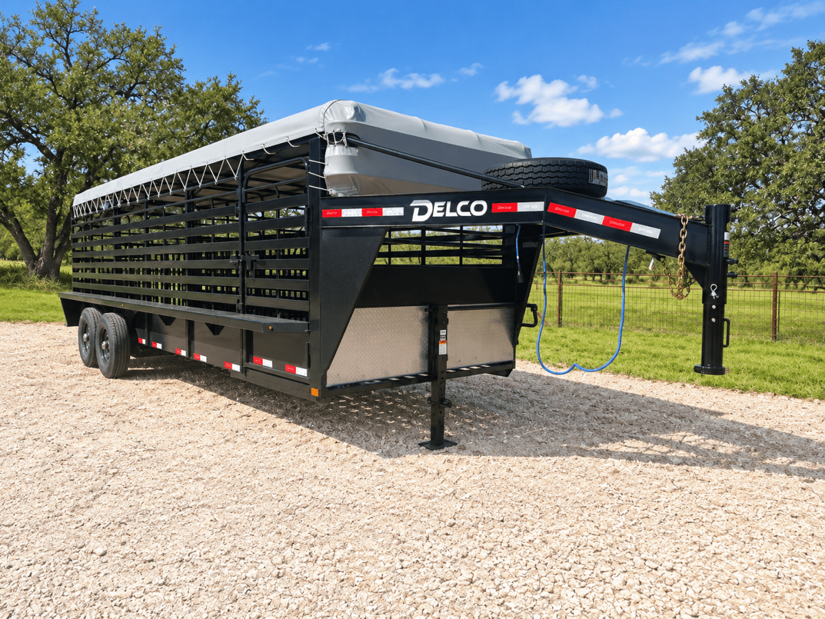 Delco 6'8"x24'x6'6" Gooseneck Livestock Bartop with Tarp- BLACK- 6414 - J4 Trailer