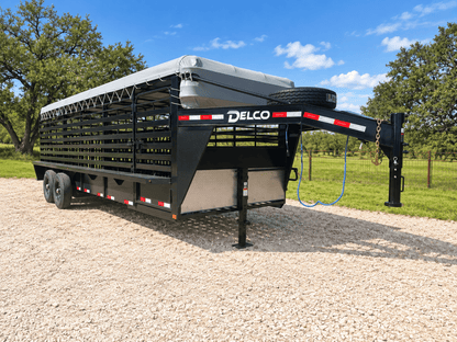 Delco 6'8"x24'x6'6" Gooseneck Livestock Bartop with Tarp- BLACK- 6414 - J4 Trailer