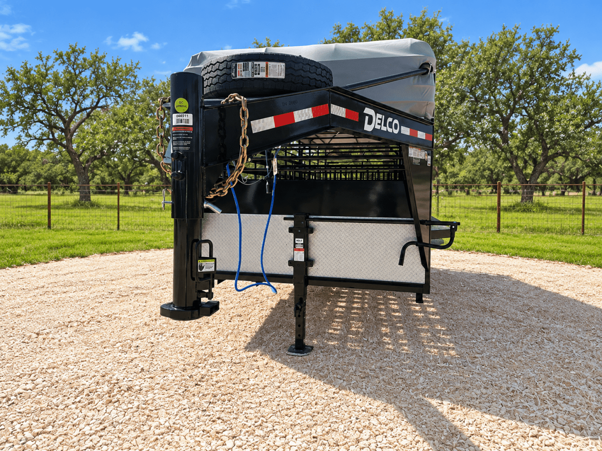 Delco 6'8"x24'x6'6" Gooseneck Livestock Bartop with Tarp- BLACK- 6414 - J4 Trailer
