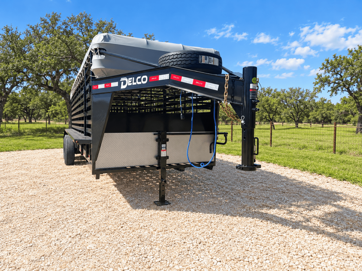 Delco 6'8"x24'x6'6" Gooseneck Livestock Bartop with Tarp- BLACK- 6414 - J4 Trailer