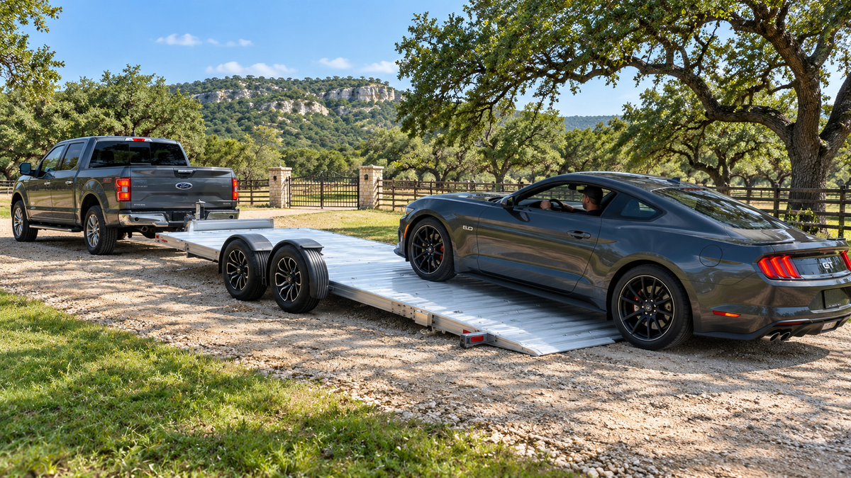 Ford Mustang loading onto a lowered Timpte aluminum car hauler behind a truck in the Texas Hill Country — illustrative scene