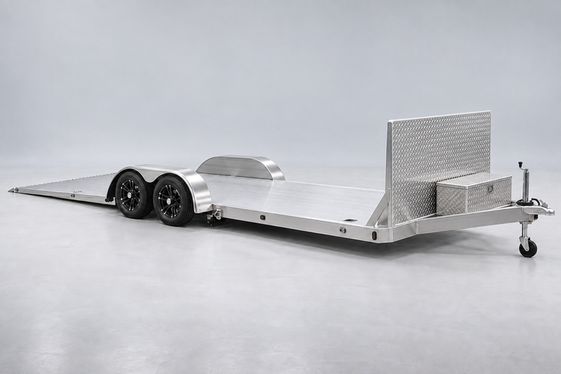 Aluminum lowering-deck car hauler with taller rock guard and enclosed front toolbox — edited illustration