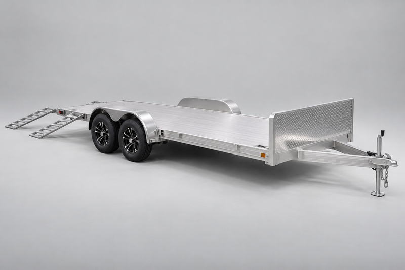 Illustration of an aluminum car hauler with rock guard and loading ramps