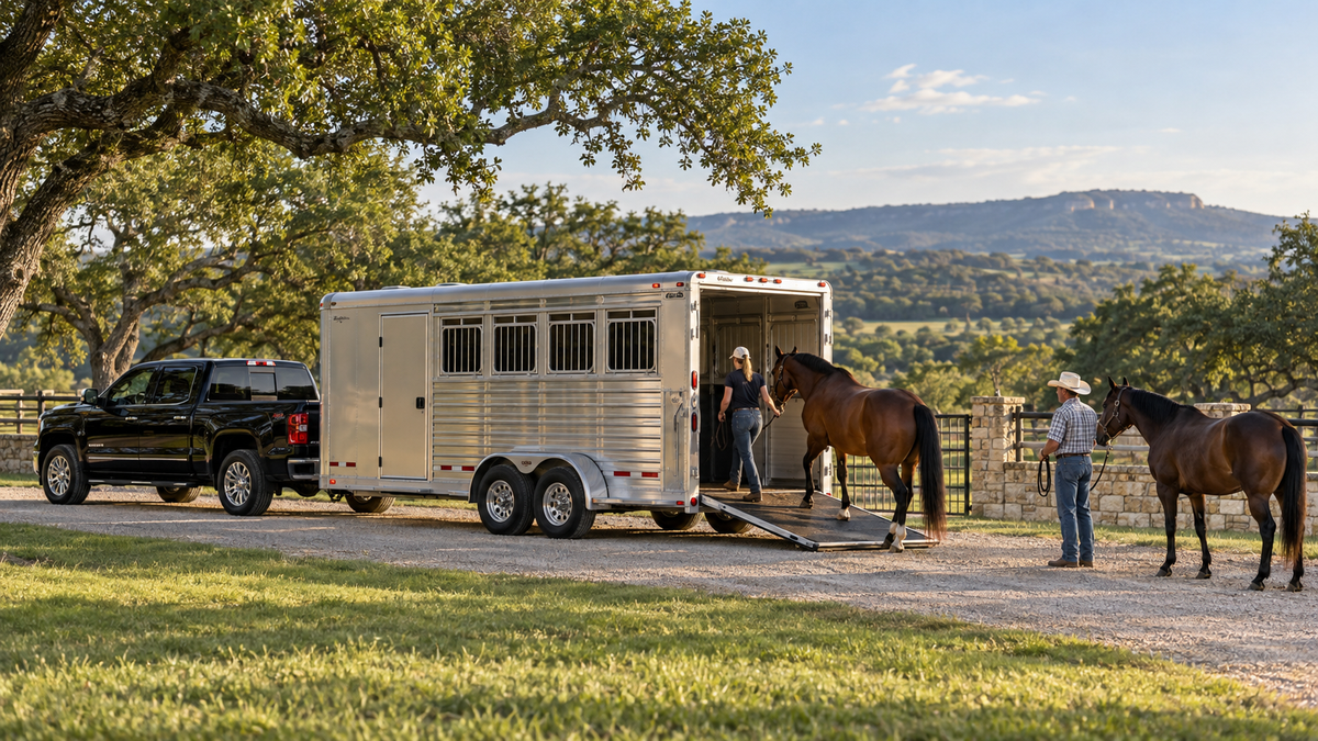 Black truck with aluminum horse trailer and front tack room, horses loading in the Texas Hill Country — illustrative scene