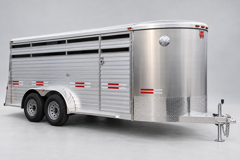 W-W aluminum bumper-pull livestock trailer in matching studio presentation — edited illustration