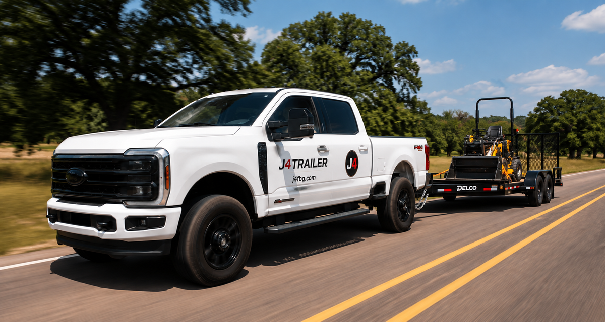 White J4 Trailer truck towing a bumper-pull equipment trailer on a Texas road