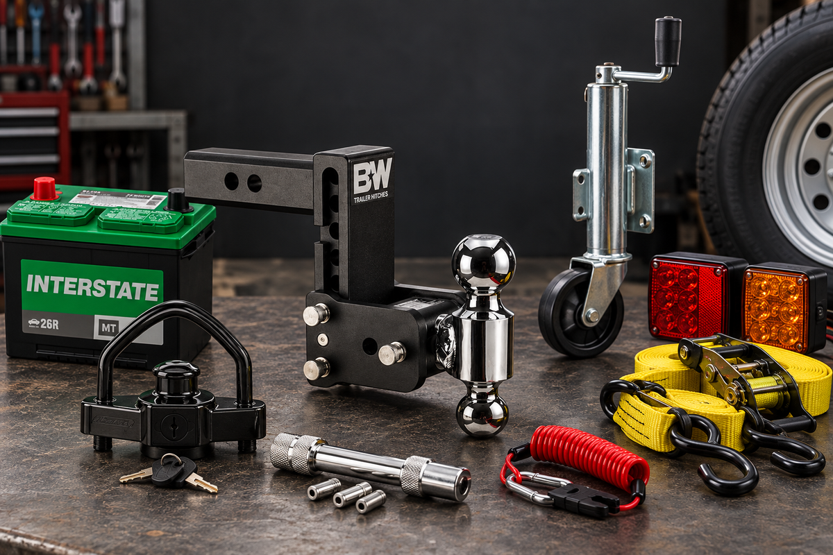 Representative trailer parts assortment with B&W adjustable hitch, locks, battery, jack, lights and tie-downs